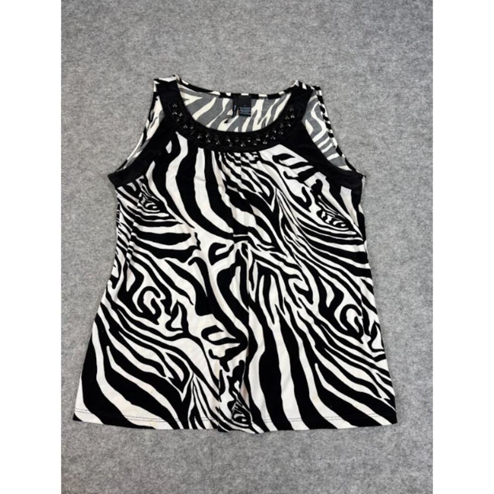 Saint Tropez West Tank Top Women Large White Black Zebra Print Rhinestone Casual